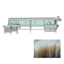 Pre-filled pouring petri dishes assembly machine